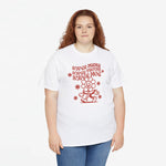 Witte oversized T-shirt met ronde hals en rode 'Super Mama' tekst en illustratie voorop