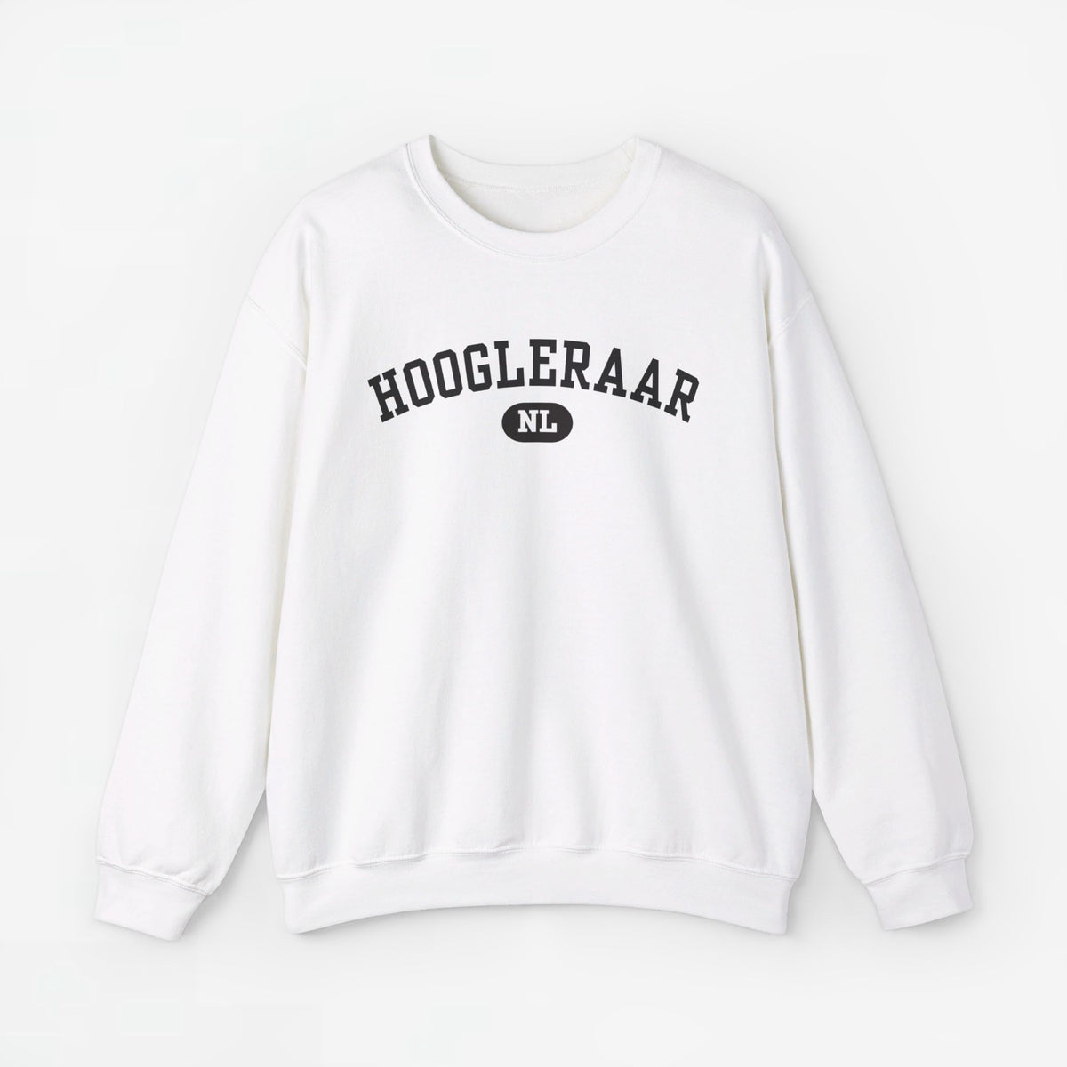 Witte sweater met ronde hals en lange mouwen, HOOGLEERAAR-print met NL-logo op borst
