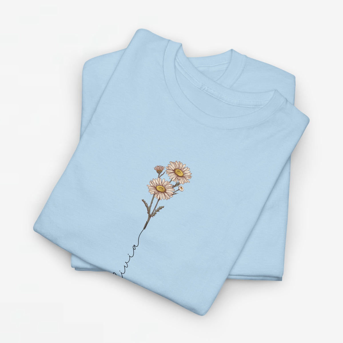 Lichtblauw T-shirt met bloemillustratie op de borst, korte mouwen