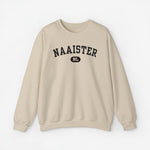 Beige sweater met ronde hals, lange mouwen en NAaister NL-tekstprint op de borst