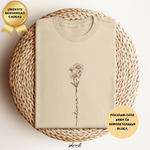 Beige t-shirt met enkele bloemsteel-illustratie en personalisatie-tekstballon