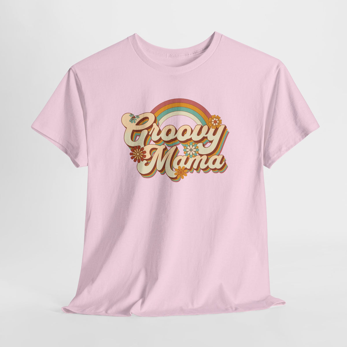Roze T-shirt met ronde hals en “Groovy Mama” print bovenaan