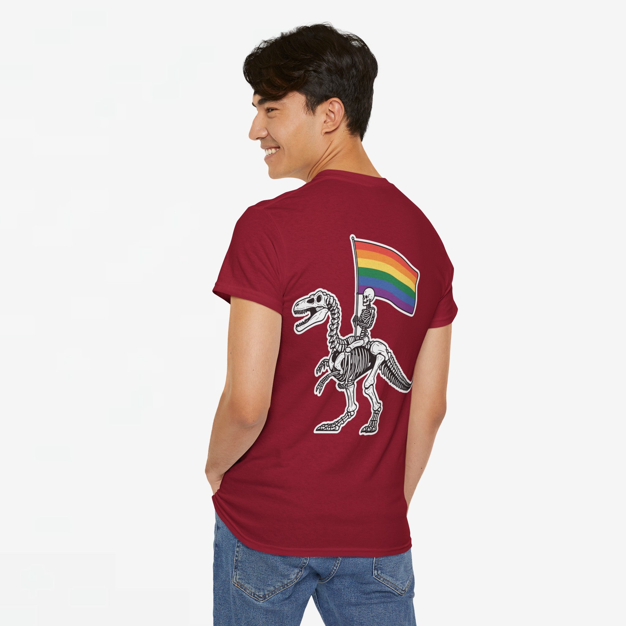 Gay Pride T-shirt - Skelet Dinosaurus Regenboog Pride Vlag - Back Print - Oversized #77