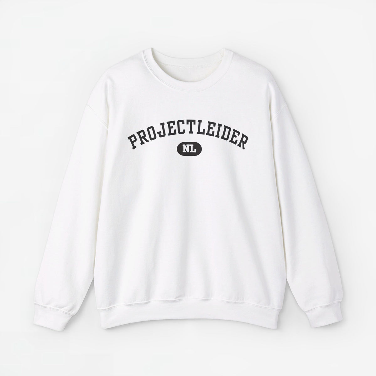 Witte trui met ronde hals en PROJECTLEIDER-print met NL-logo