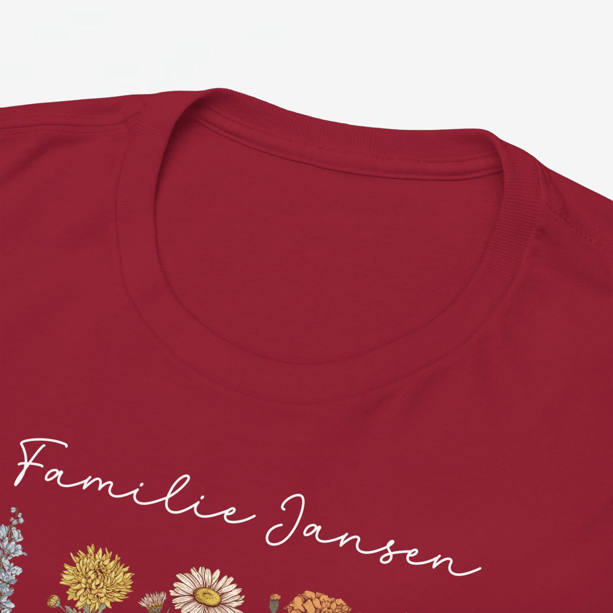 Rood T-shirt met ronde hals en cursieve naamprint in wit