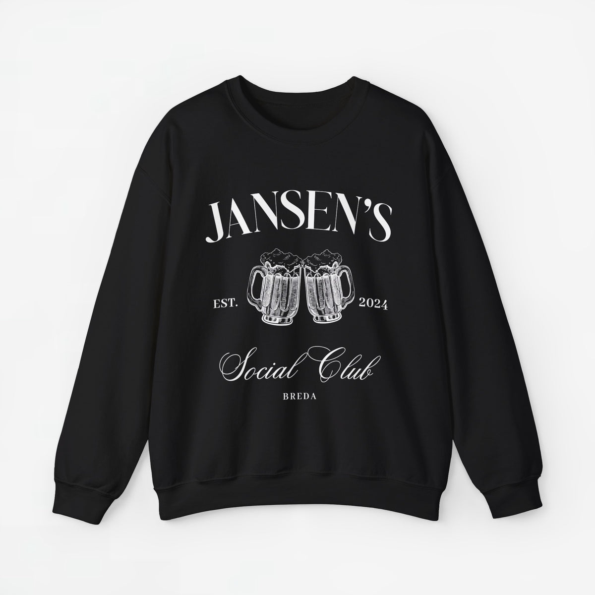 Zwarte sweatshirt met opdruk 'JANSEN'S', bierpullen en 'EST. 2024', ronde hals