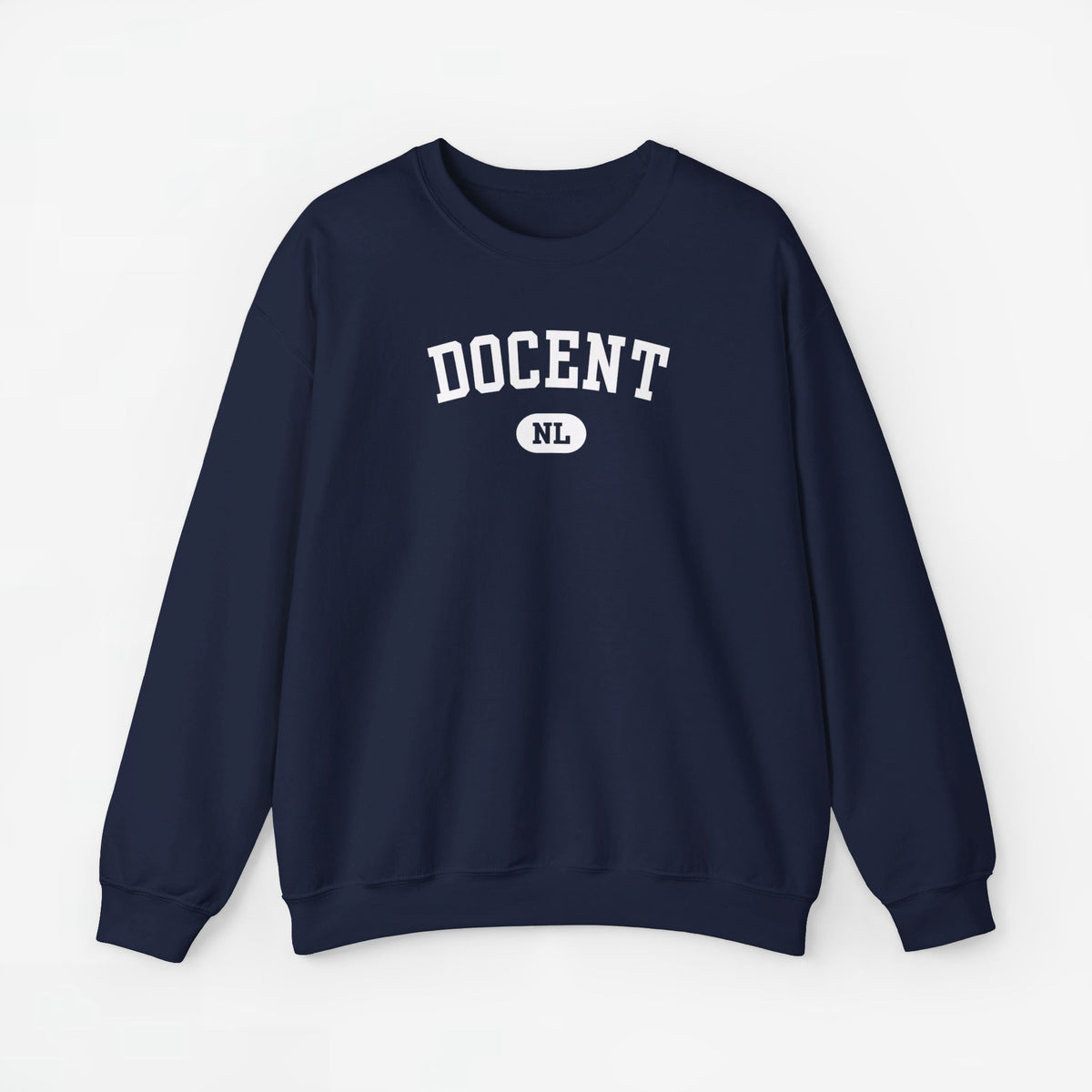 Donkerblauwe sweatertrui met lange mouwen en DOCENT NL-print op de borst