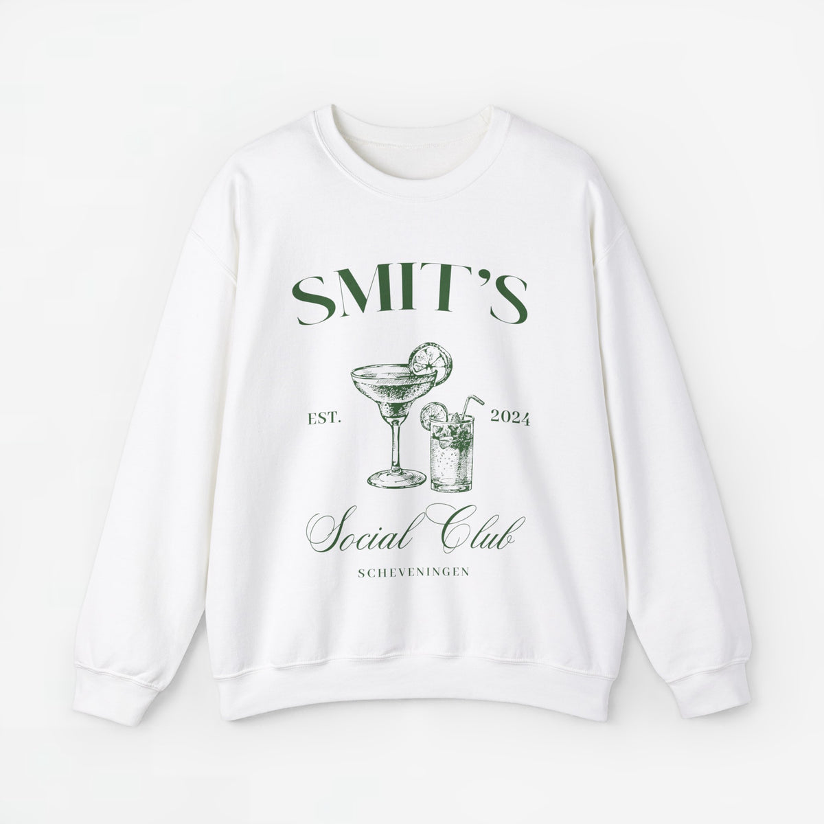 Witte sweatshirt met ronde hals en print van bekers en tekst op de borst.