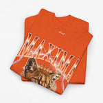 Oranje T-shirt met voorprint: MAXIMA-letters en leeuwenkop onder spettereffect.
