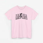 Roze t-shirt met ronde hals en zwarte 'MAMA'-opdruk.