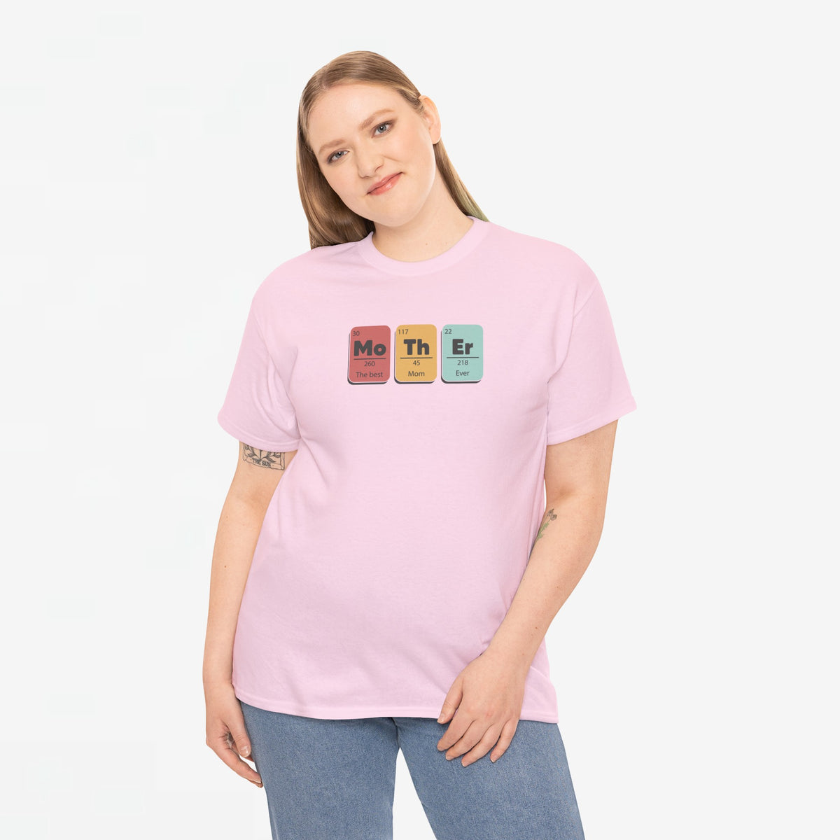 Lichtroze oversized T-shirt met ronde hals en elementenprint (Mo Th Er) voorop