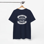 Donkerblauw T-shirt aan kleerhanger met ronde hals en witte opdruk 'Super Powers' en 'Dad'