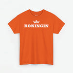 Oranje T-shirt plat model met ronde hals en grote ‘KONINGIN’-print met kroon