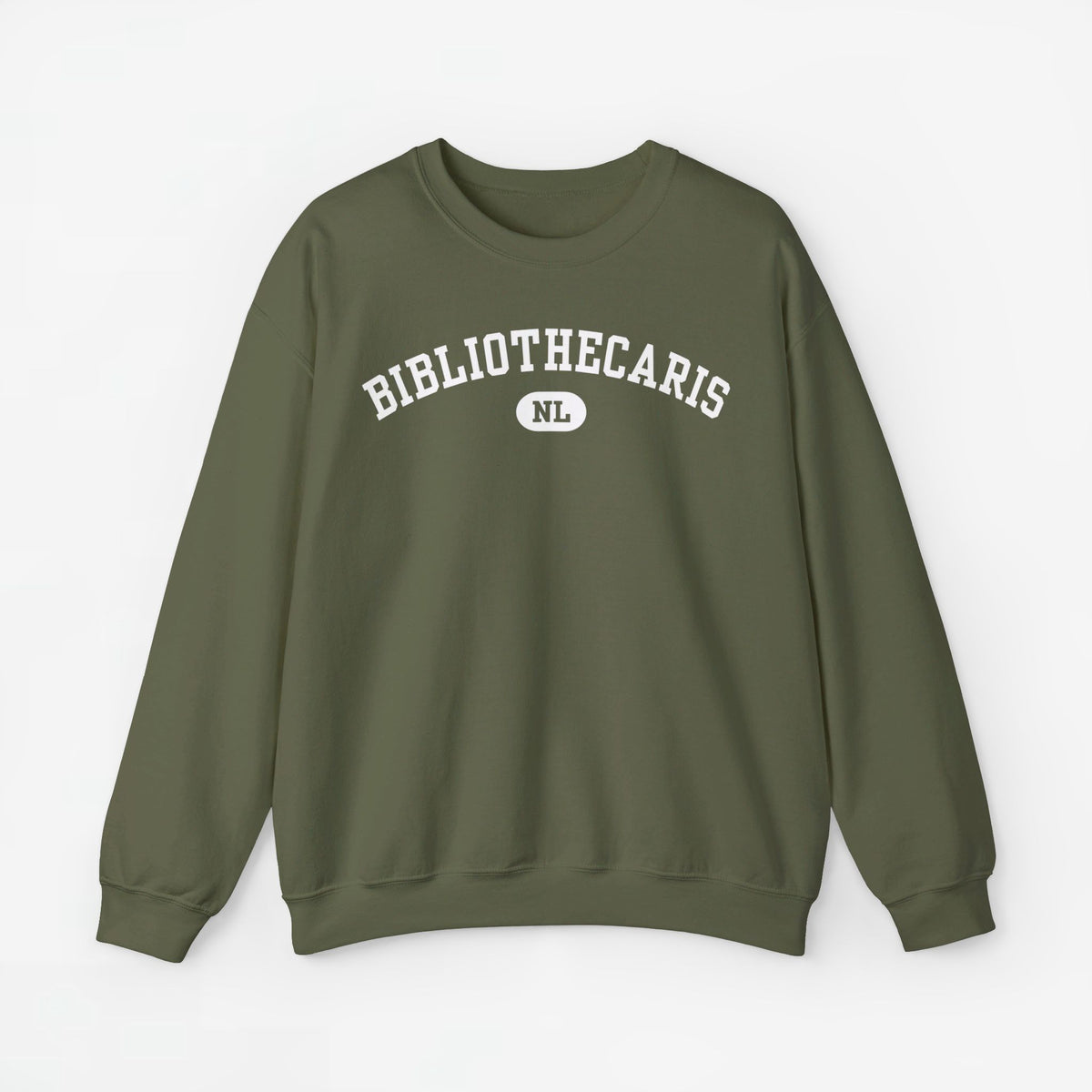 Militairgroene trui met ronde hals en print 'BIBLIOTHECARIS NL' op de borst