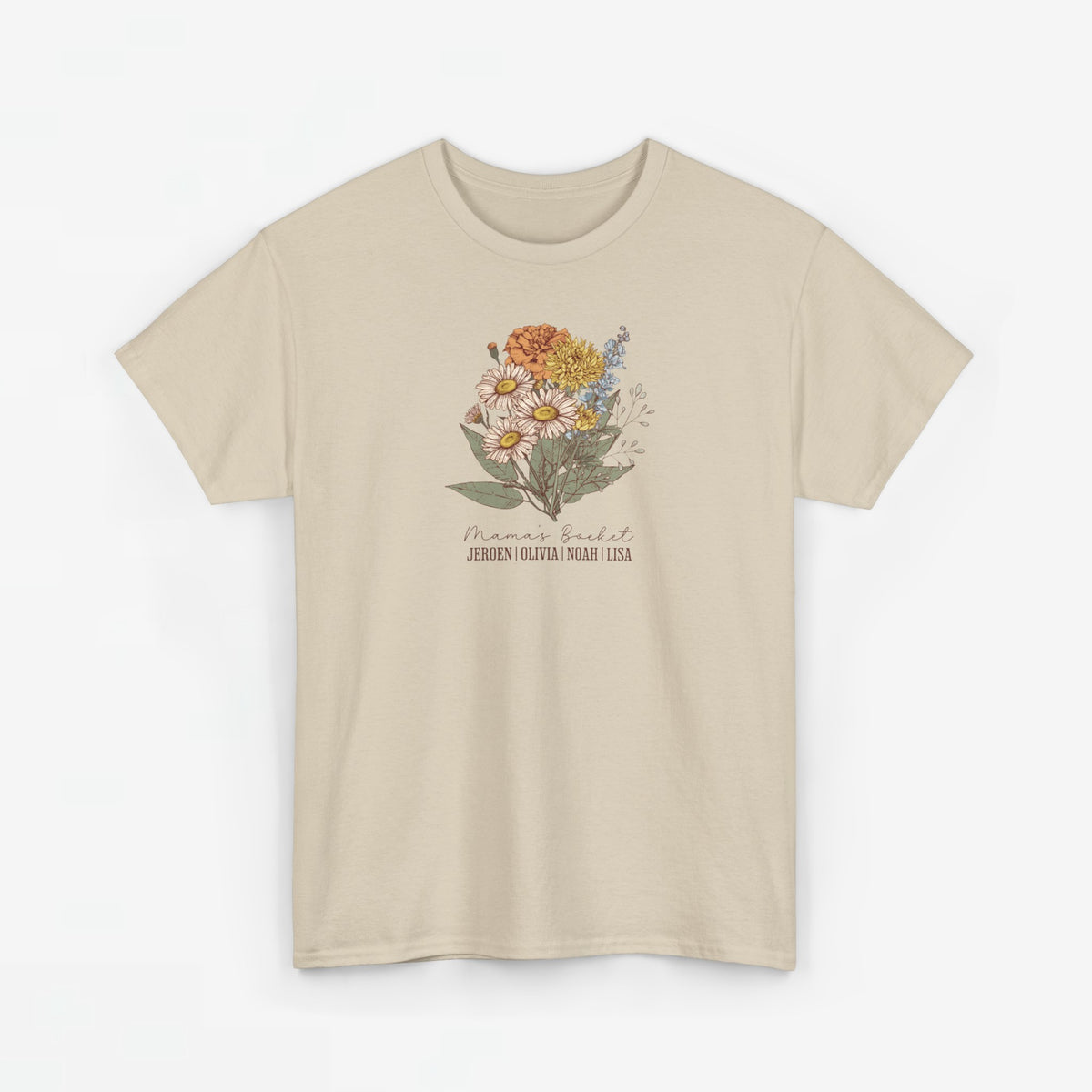 Beige T-shirt met bloemenboeketprint op de borst, met blaadjes en siertekst