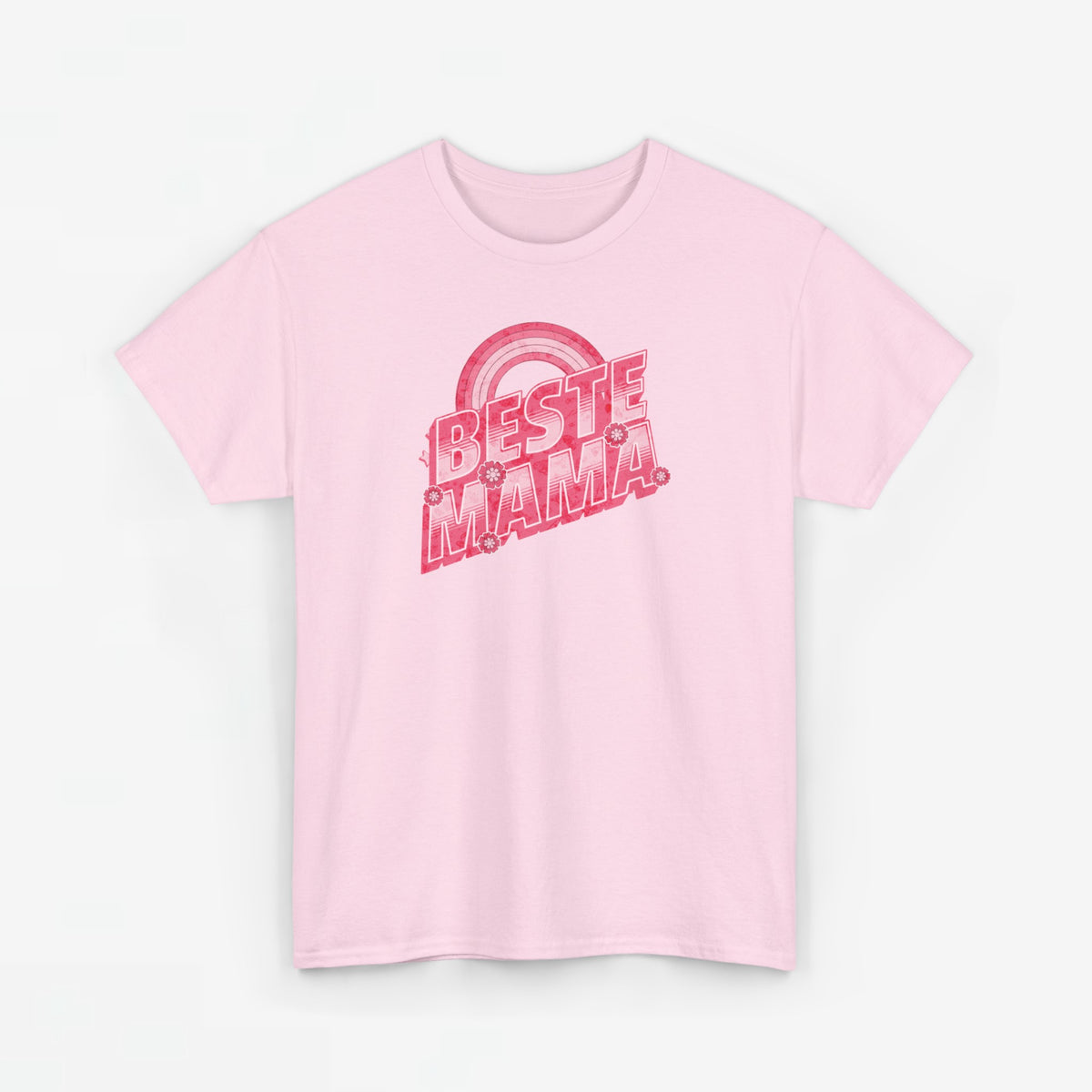 Roze t-shirt met kleine opdruk “BESTE MAMA” en regenboogcirkel
