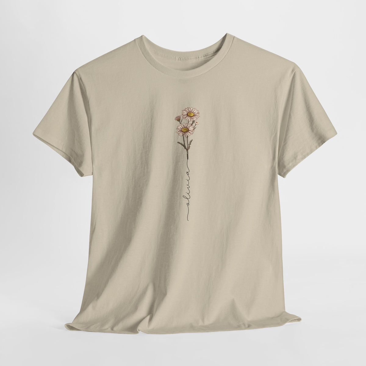Zandkleurig T-shirt met bloemillustratie op de borst, ronde hals