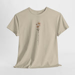 Zandkleurig T-shirt met bloemillustratie op de borst, ronde hals