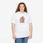 Wit t-shirt met centrale bloemenboeketprint en tekstprint op de borst