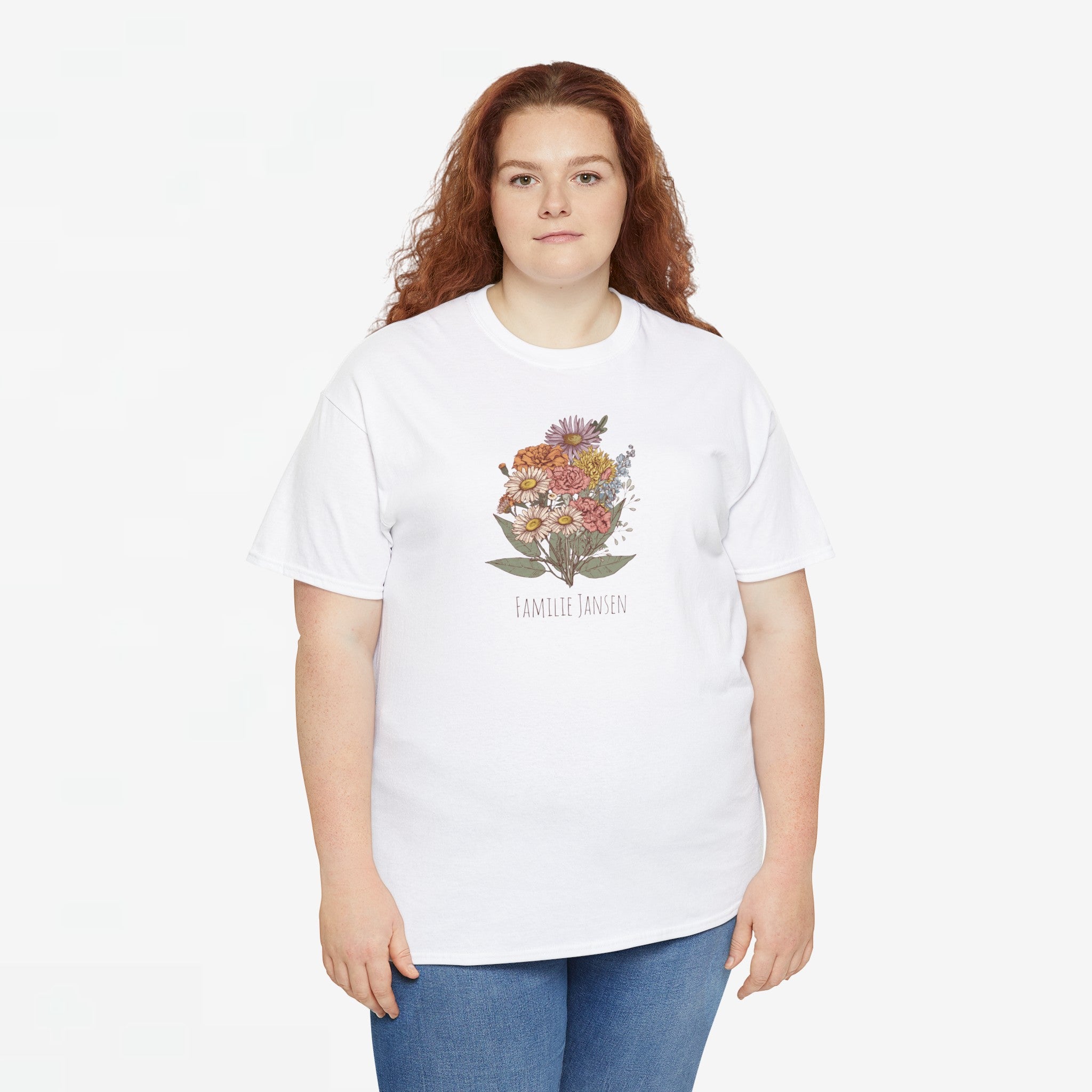 Gepersonaliseerde Moederdag Mama Cadeau - T-shirt - Familie Bloemen boeket met geboortemaand bloemen (zwarte tekst)