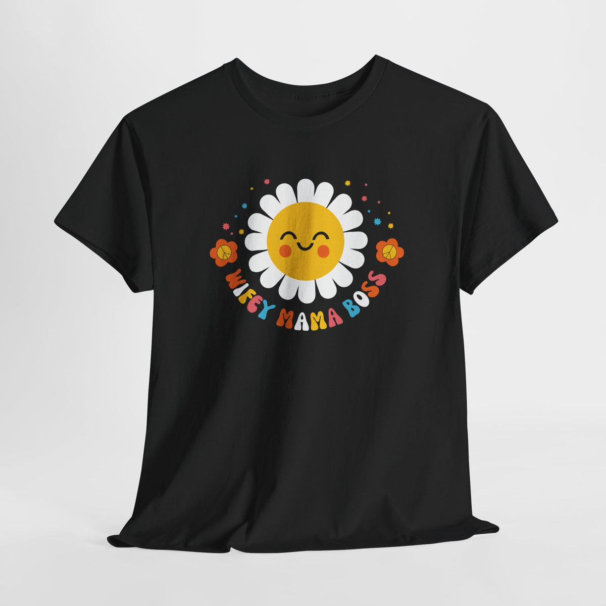 Zwarte T-shirt met zonprint, felgekleurde bloemen en gebogen tekst eromheen