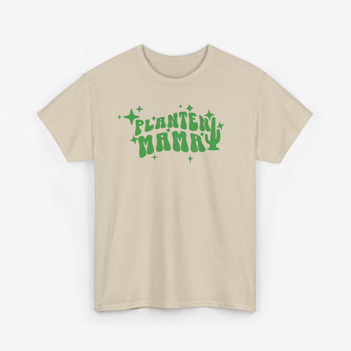 Beige T-shirt met ronde hals en groene PLANTEN MAMMA print op de borst