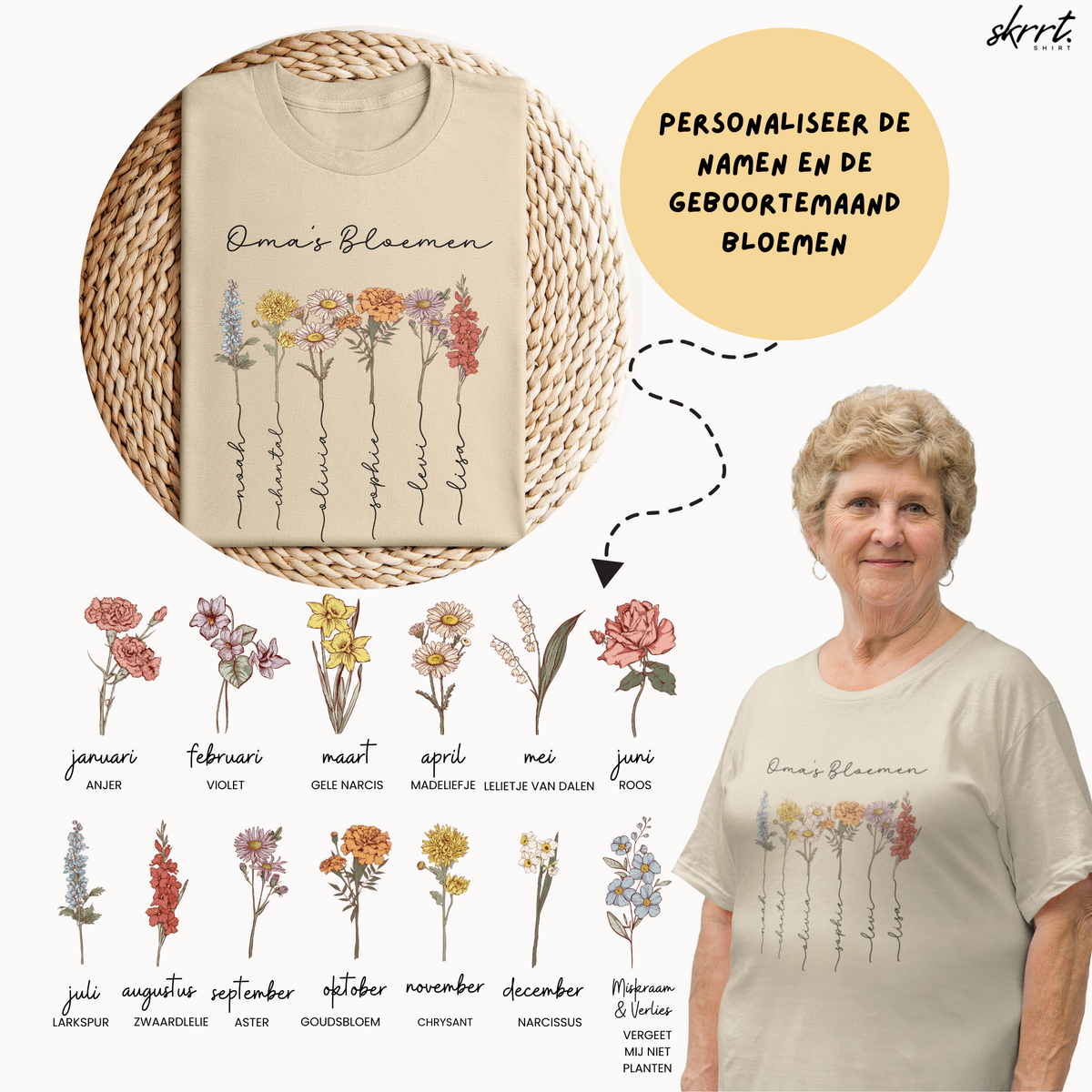 Beige T-shirt met bloemenstelen en gepersonaliseerde namen, collage met voorbeelden