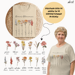 Beige T-shirt met bloemenstelen en gepersonaliseerde namen, collage met voorbeelden