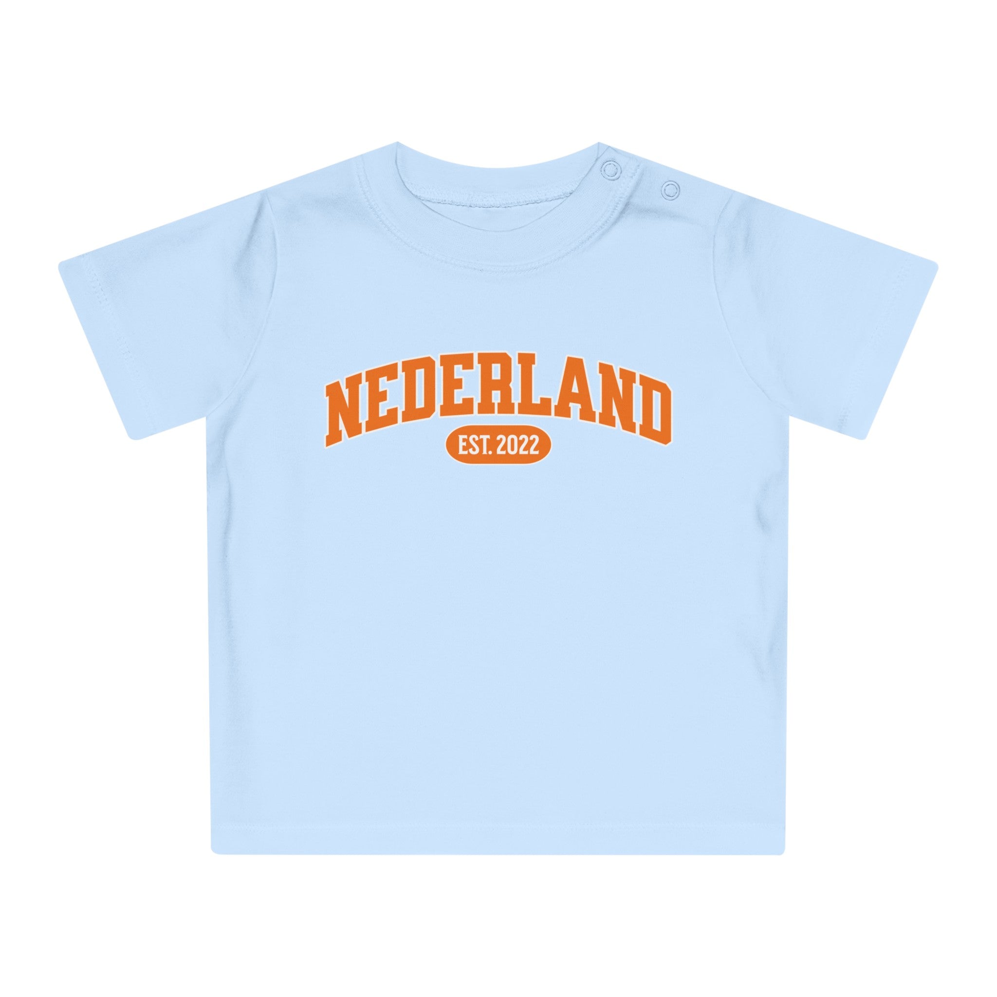 Baby T-shirt voor EK, WK en Koningsdag - Personaliseer met EST Jaar  - NEDERLAND (Voorkant)