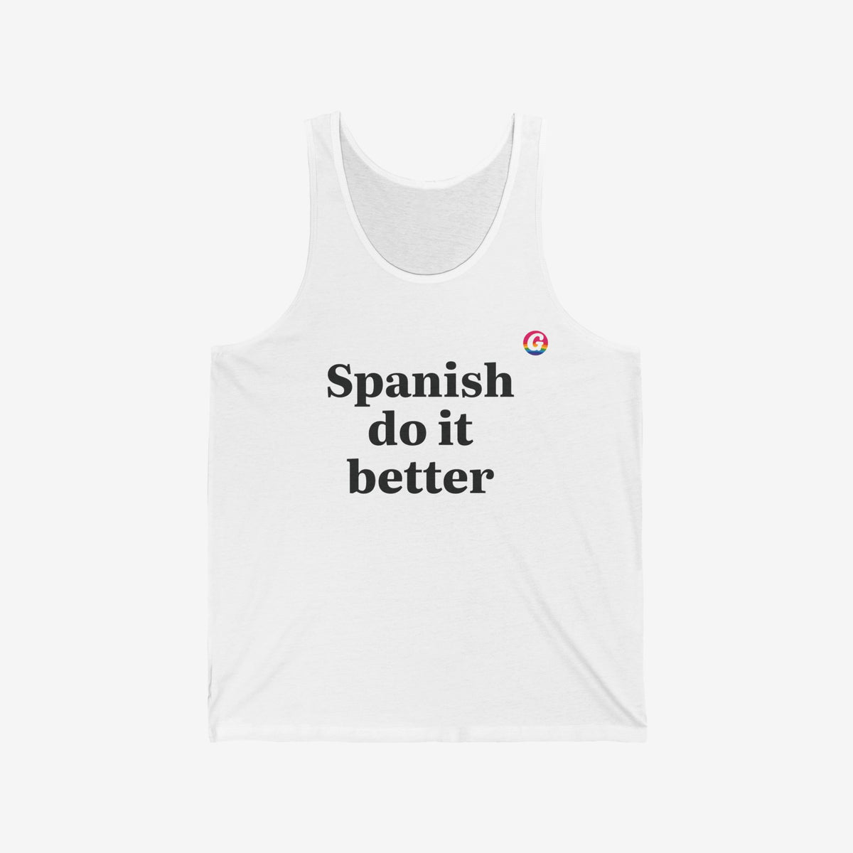 Witte mouwloze tanktop, borstopdruk en klein rond logo zichtbaar