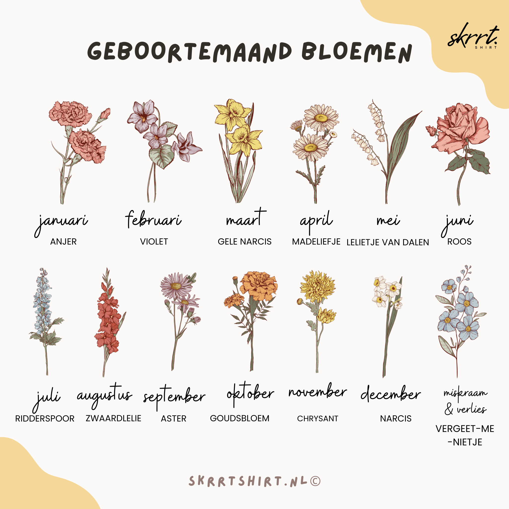 Gepersonaliseerde Moederdag Mama Cadeau - T-shirt - Geboortemaand bloemen met namen (witte tekst)