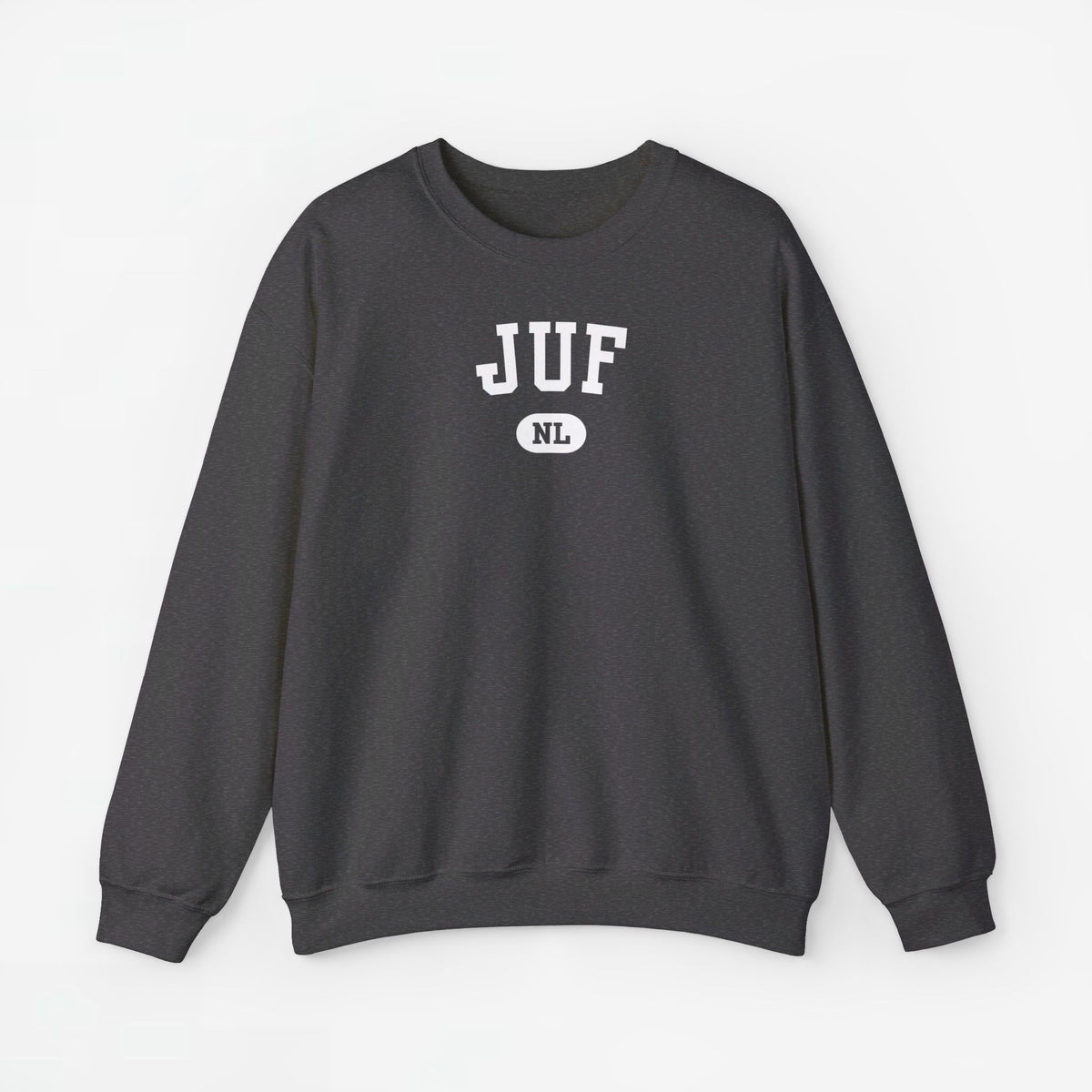 Donkergrijze sweater met ronde hals en JUF NL-print op de borst