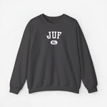 Donkergrijze sweater met ronde hals en JUF NL-print op de borst