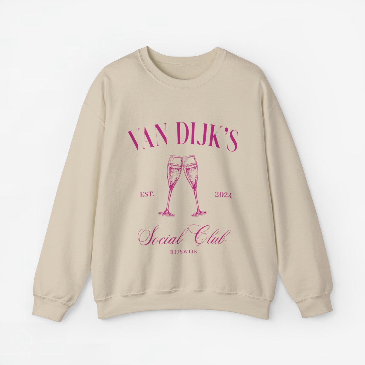 Beige sweater met roze 'VAN DIJK'S Social Club' print en wijnglazen