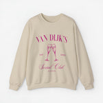 Beige sweater met roze 'VAN DIJK'S Social Club' print en wijnglazen