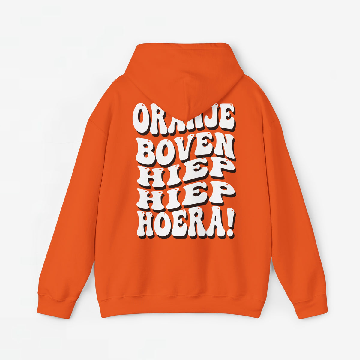 Oranje hoodie met capuchon, grote rugbedrukking en geribde zoom