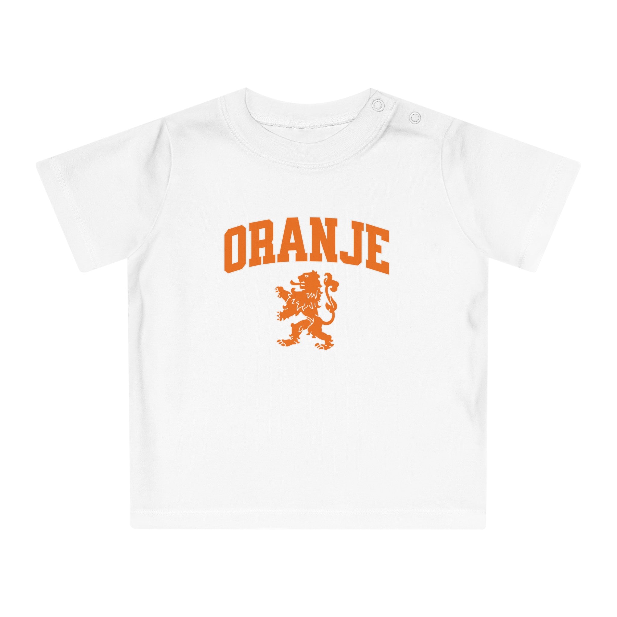 Baby T-shirt voor EK, WK en Koningsdag - Personaliseer met Naam & Rugnummer - ORANJE met Leeuw