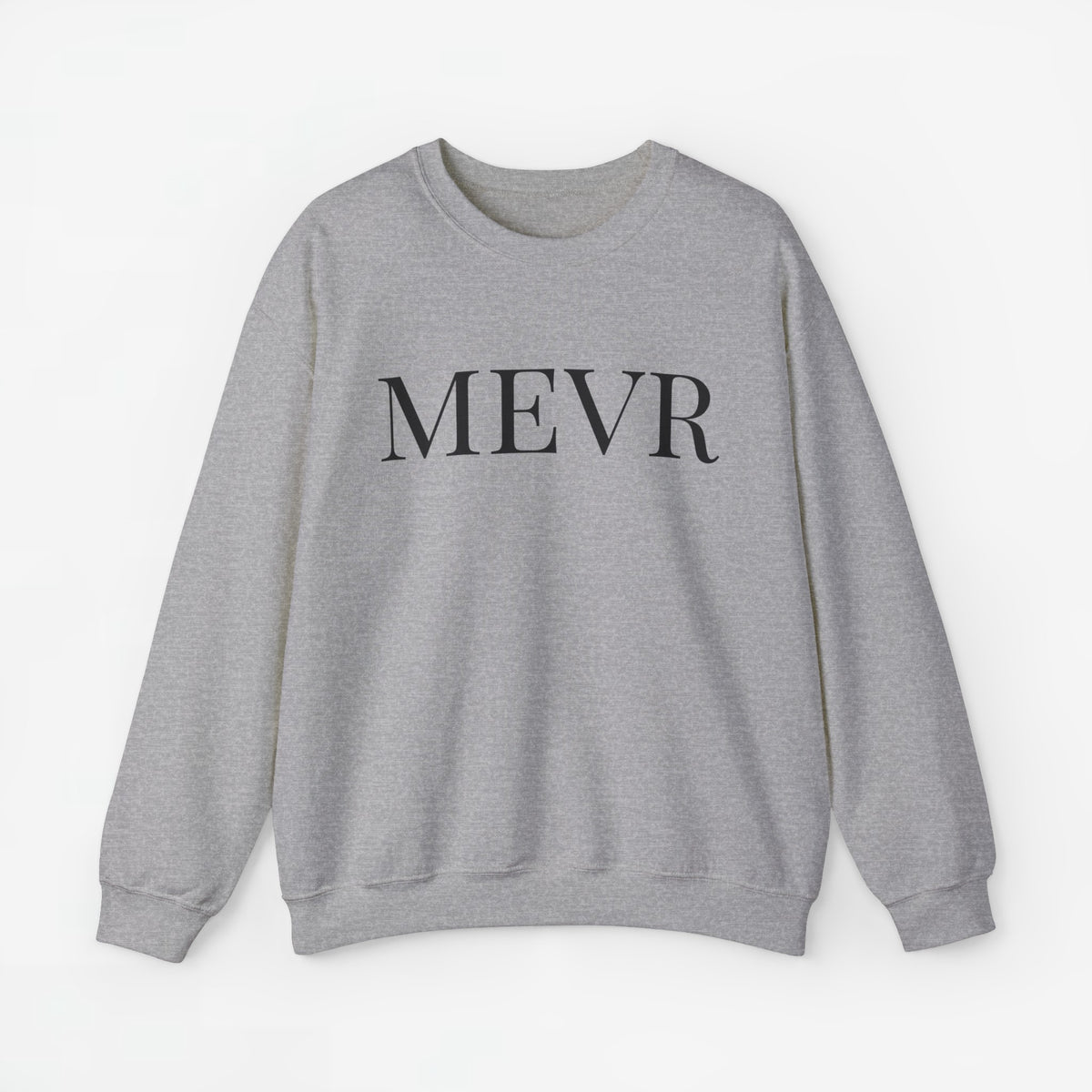 Grijze sweatshirt met opdruk MEVR, ronde hals en lange mouwen.