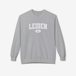 Sport grey varsitytrui met ronde hals en lange mouwen, borstprint “LEIDEN” met “NL”