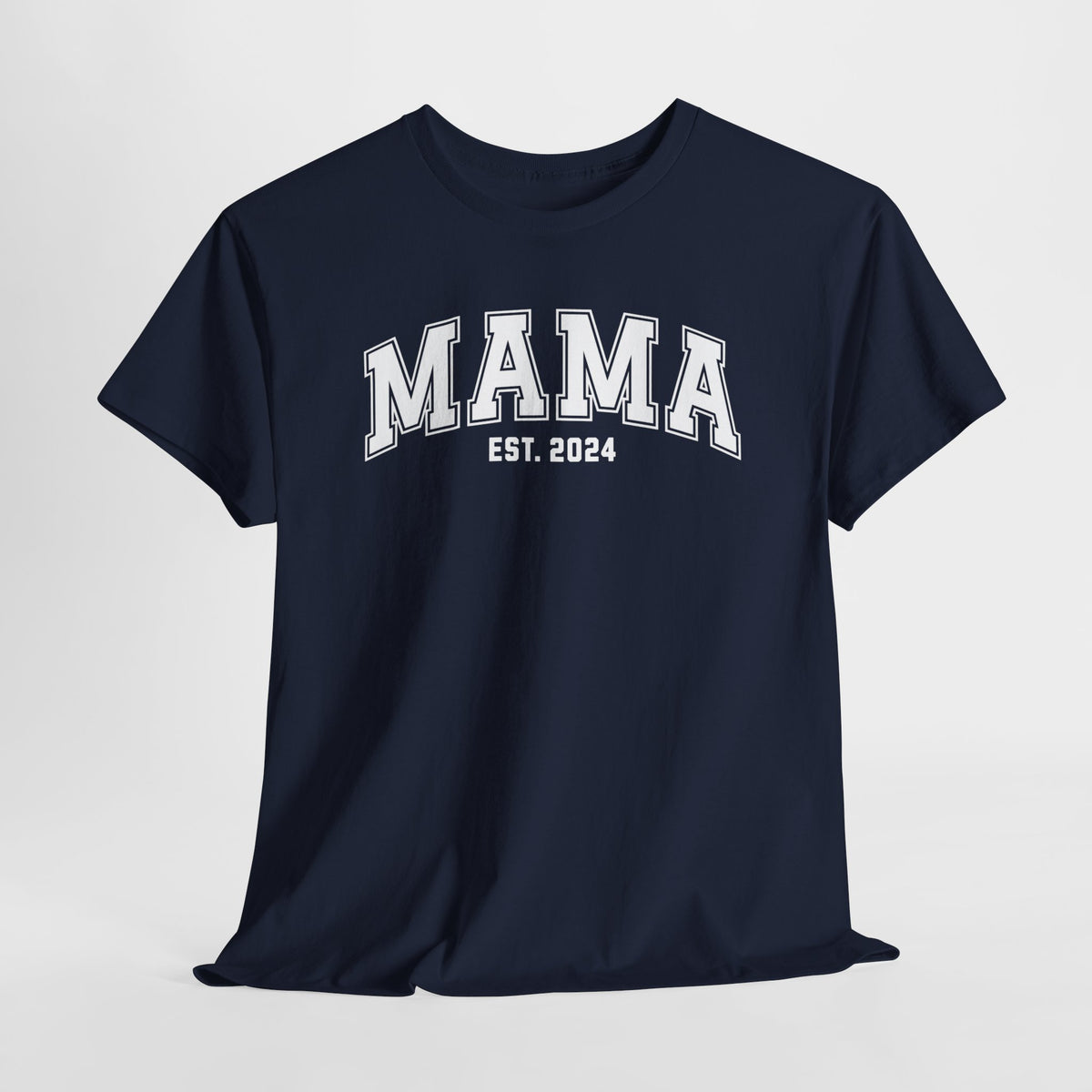 Donkerblauw Mama T-shirt met “MAMA” en “EST. 2024” borstprint, ronde hals