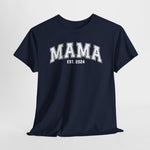 Donkerblauw Mama T-shirt met “MAMA” en “EST. 2024” borstprint, ronde hals
