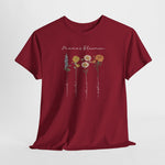 Rood T-shirt met witte tekst “Mama’s Bloemen” en kleurrijke bloemen in 4 verticale rijen.