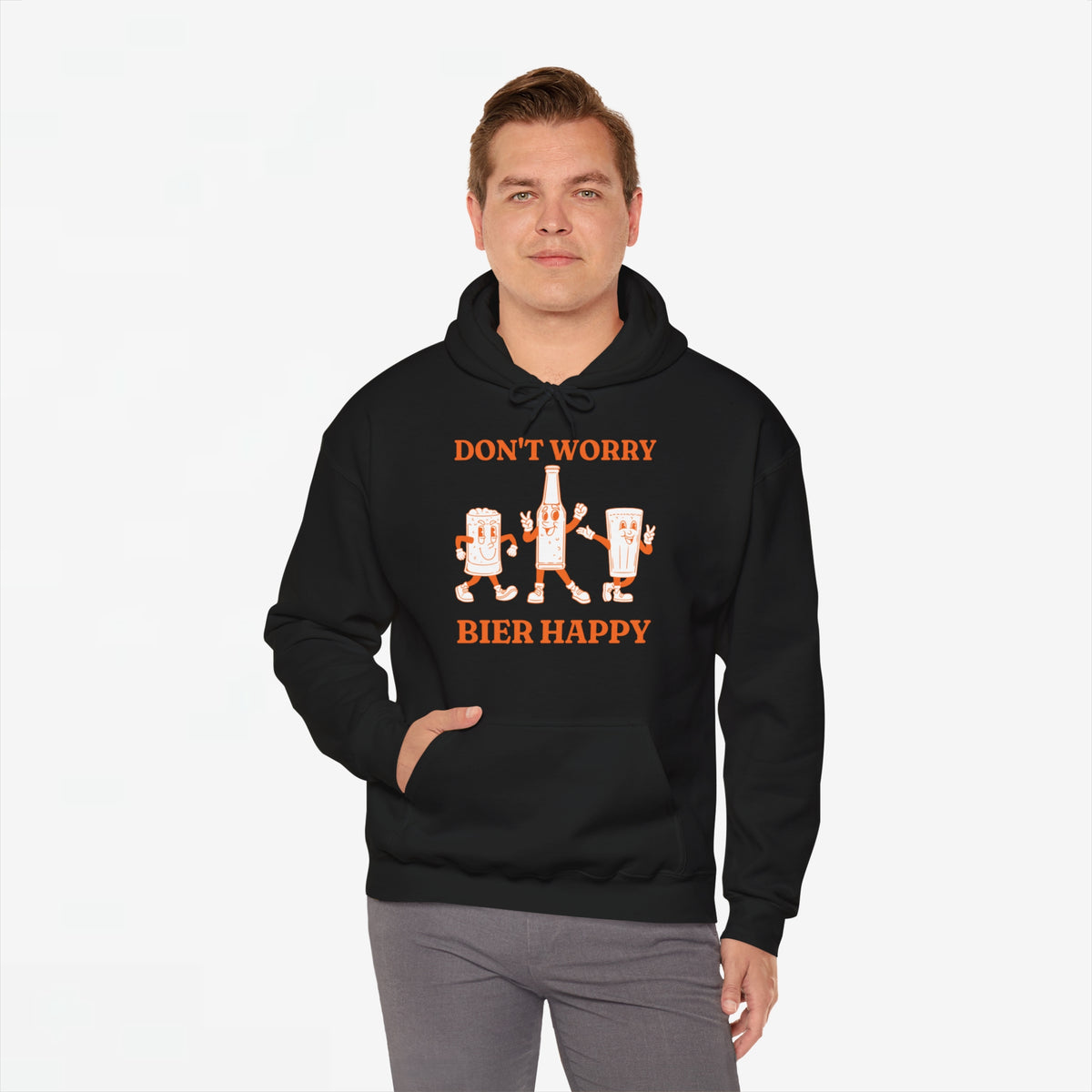 Zwarte oversized hoodie met capuchon en voorprint 'DON'T WORRY BIER HAPPY'