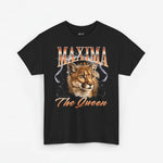 Zwarte oversized T-shirt met leeuwenkoningin-print en tekst “The Queen” op de borst