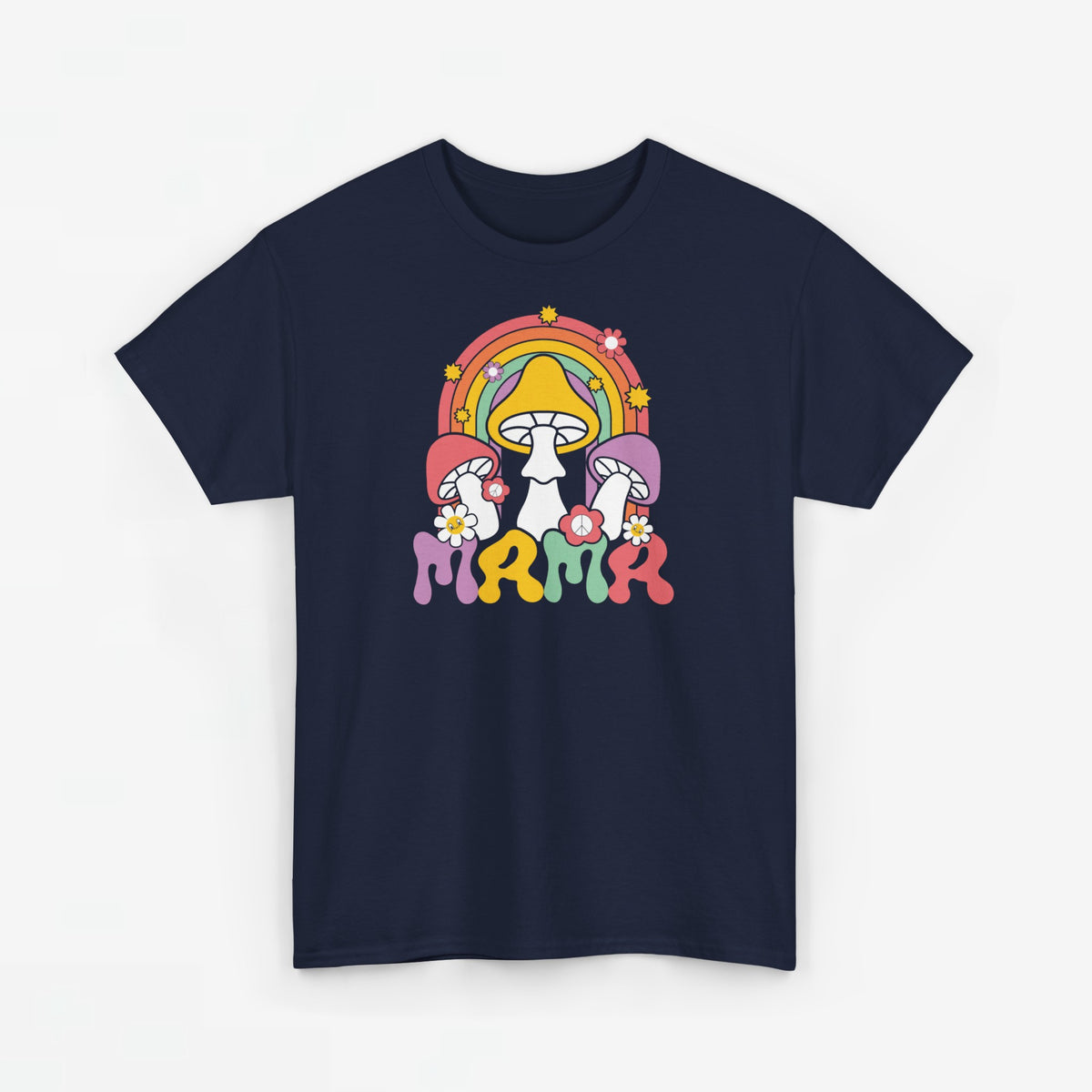 Oversized navy T-shirt met regenboog-paddenstoelprint en bloemen