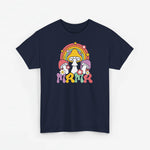 Oversized navy T-shirt met regenboog-paddenstoelprint en bloemen
