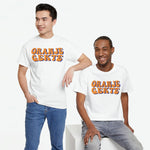 Set van 2 heren T-shirts wit met oranje en blauwe opdruk “ORANJE GEKTE”.