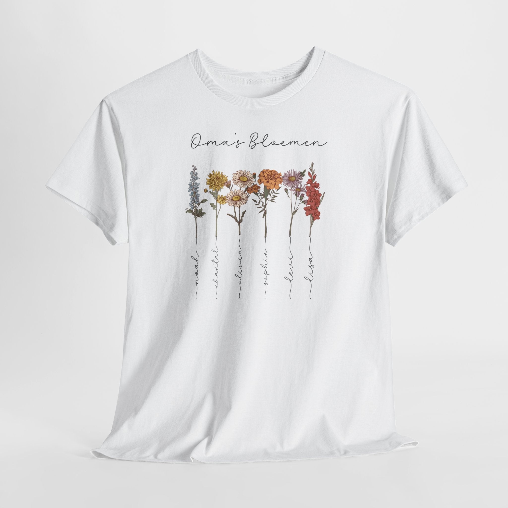 Gepersonaliseerde Moederdag Mama Cadeau - T-shirt - Oma's Bloemen met namen en geboortemaand bloemen (zwarte tekst)