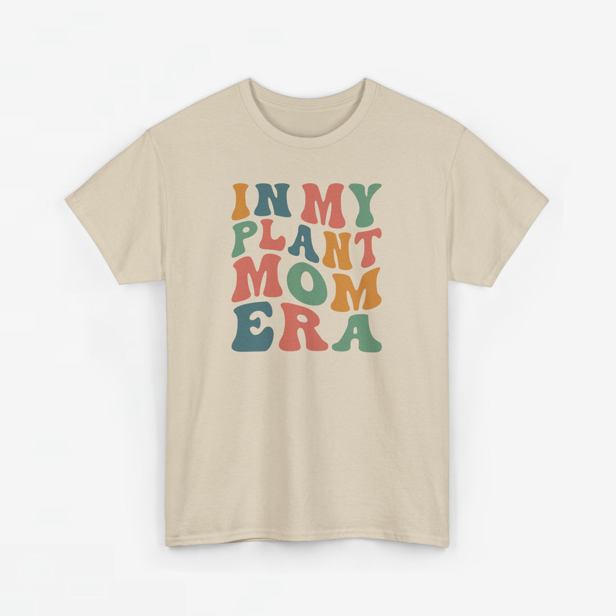 Beige T-shirt met ronde hals en kleurrijke plant-mom print op de voorkant