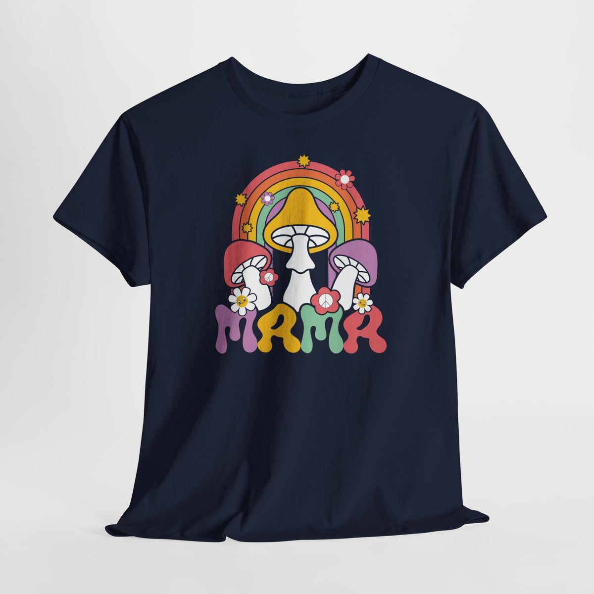 Oversized navy T-shirt met regenboog-paddenstoelprint, bloemen en wolkjes